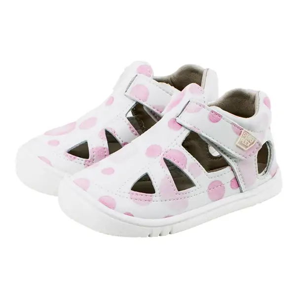 Sandalias respetuosas niño Piruflex en blanco con lunares rosa