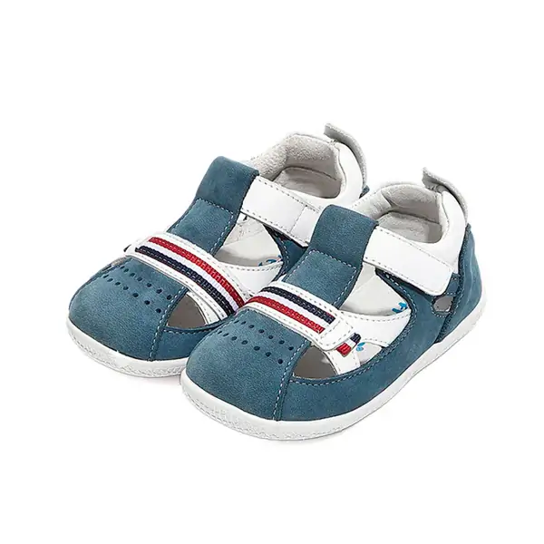 Sandalias respetuosas niño Faro Azul Freycoo, diseño ergonómico azul y blanco