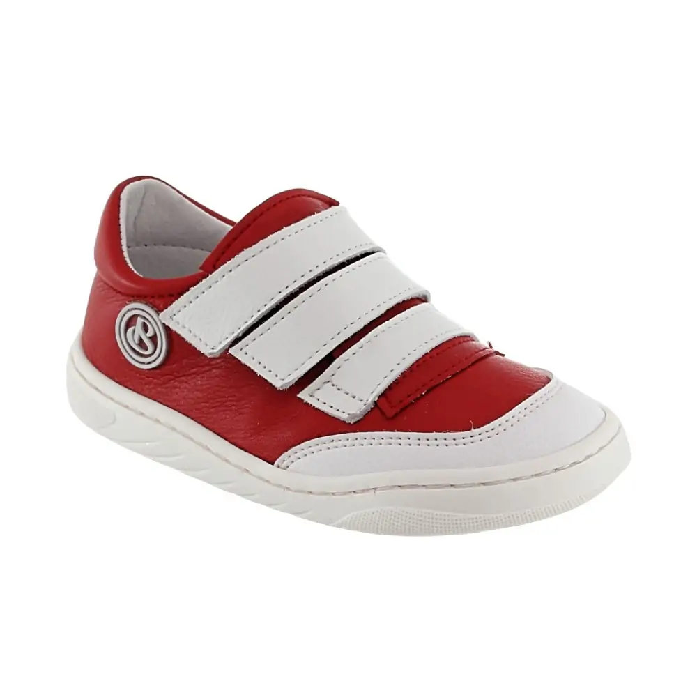 Zapatilla respetuosa Blandy Shoes Valery en rojo y blanco, diseño ergonómico con tres cierres de velcro, ideal para el desarrollo natural del pie infantil.