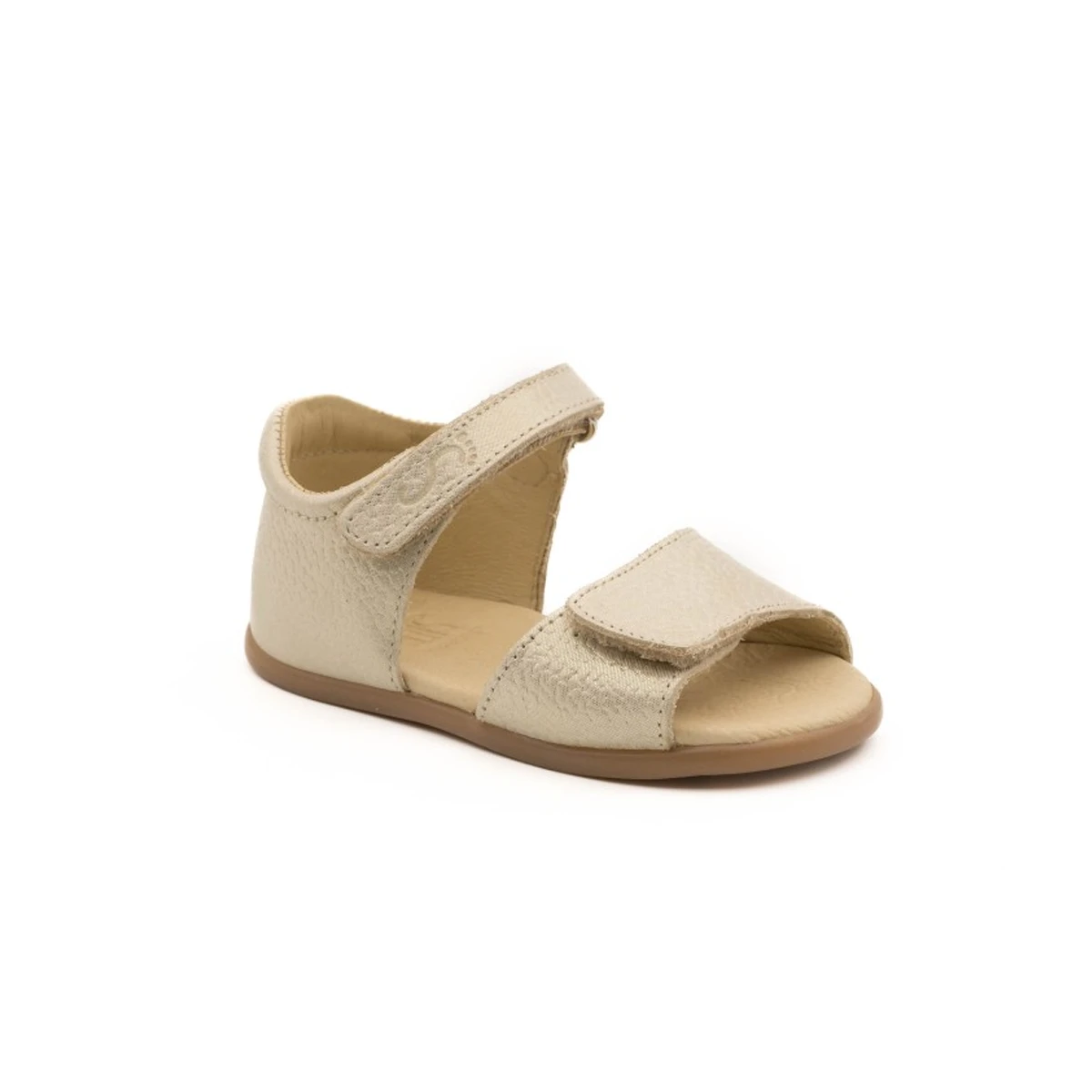 Sandalia respetuosa para bebé Flexinens modelo Purpur Cava en color beige metalizado, con doble cierre de velcro, suela flexible y puntera ancha, ideal para primeros pasos.