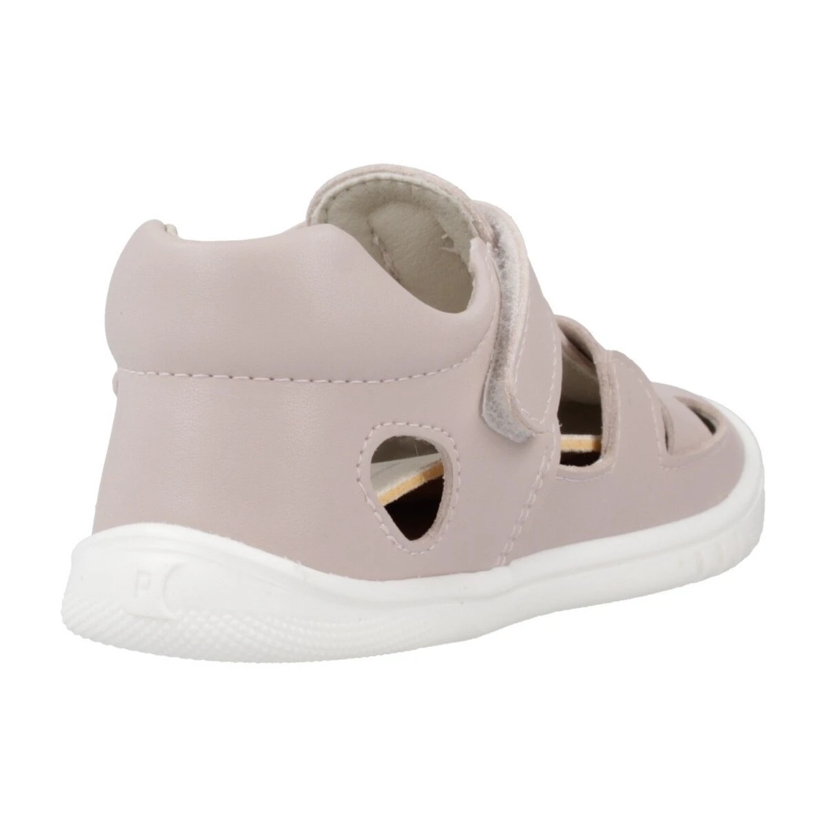 Vista inferior de la sandalia respetuosa Piruflex 4 en rosa, con suela de goma flexible y diseño antideslizante ideal para primeros pasos y uso diario infantil.