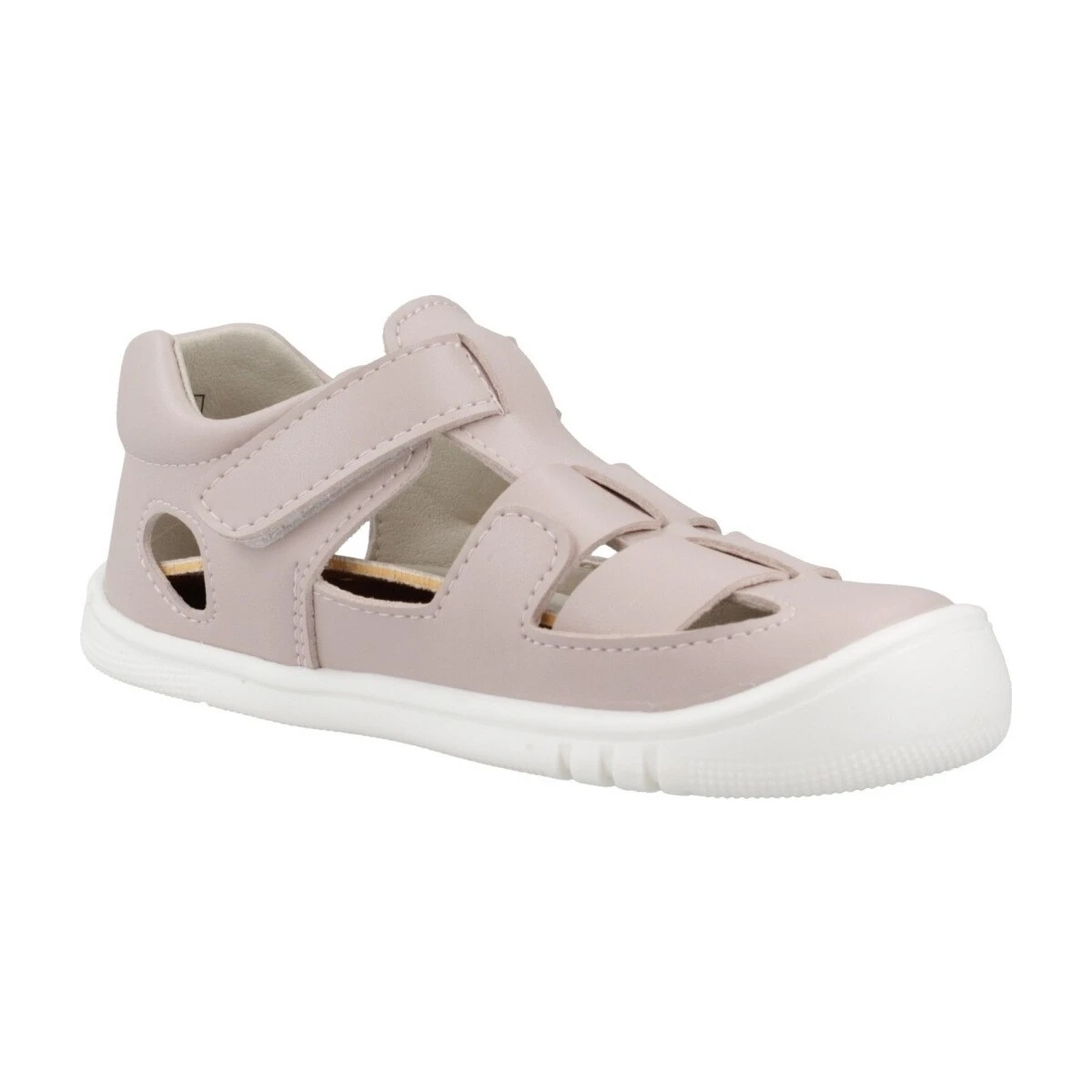 Par de sandalias respetuosas Piruflex 4 en color rosa, con doble cierre de velcro, suela plana y flexible, y diseño barefoot ideal para pies infantiles.
