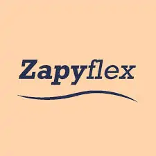 Logotipo Zapyflex sobre fondo melocotón, estilo tipográfico moderno